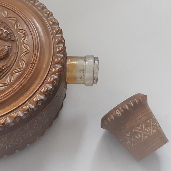 VTG Hand Carved Wooden Flask Canteen Bottle Decanter Rare - Picture 7 of 11